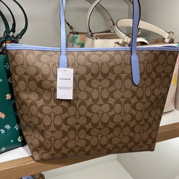 Coach 5696 City Tote In Signature Canvas In Khaki/Marble Blue - Picture 8 of 16